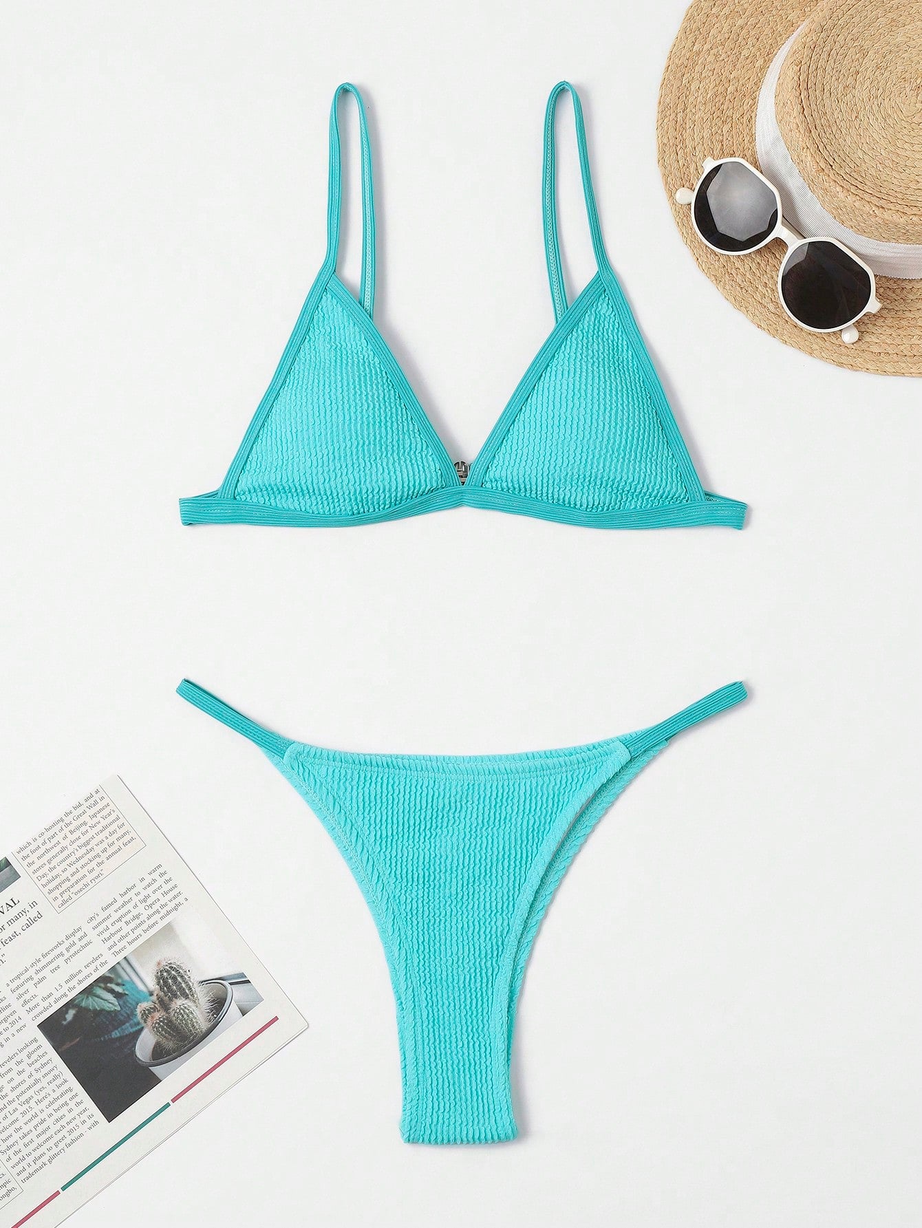 Contrast Binding Triangle Thong Bikini Swimsuit XS Baby Blue