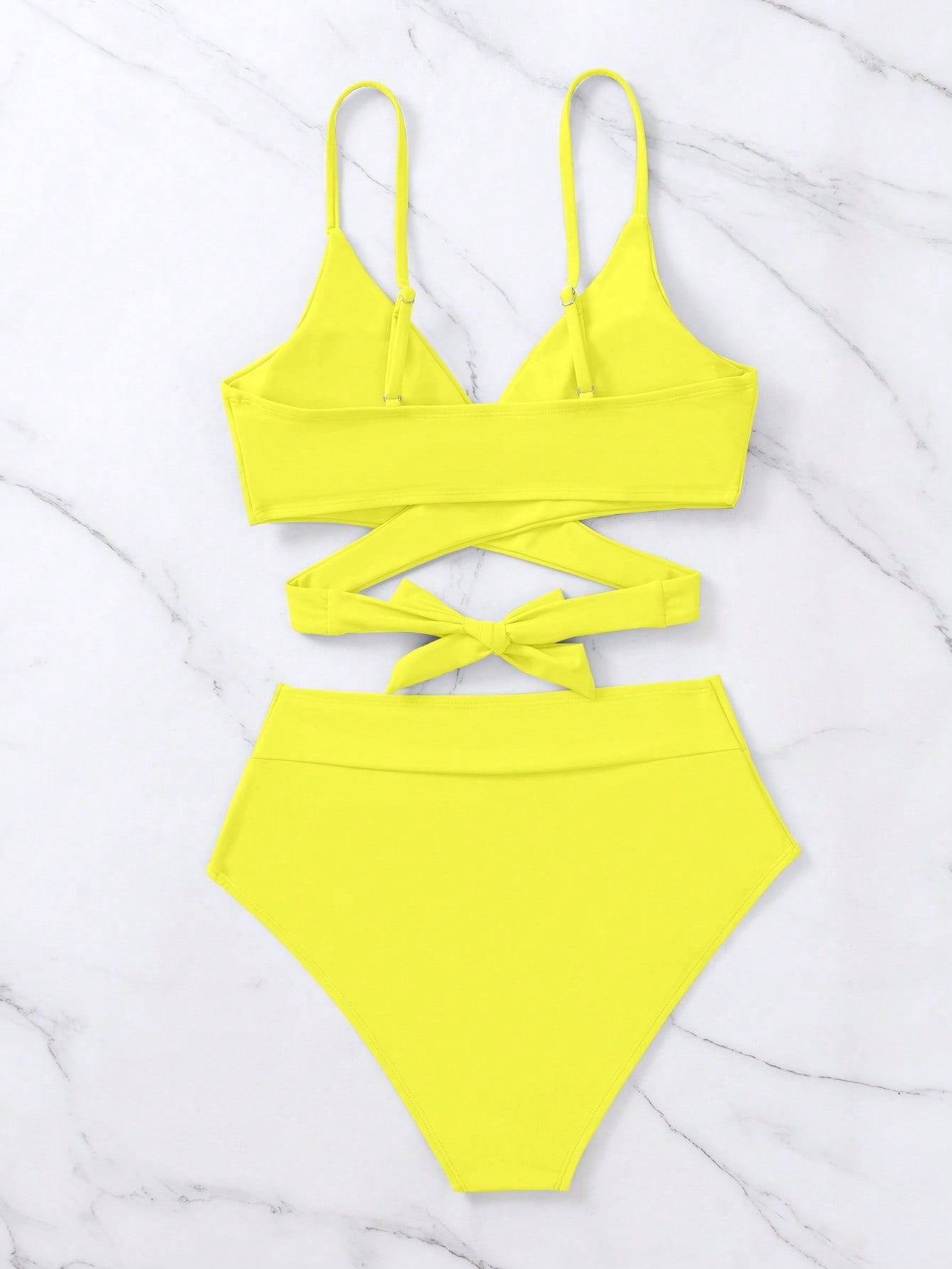 SHEIN Swim Basics Solid Bikini Set Crisscross Tie Back Bra &amp; Overlap High Waisted Bottom 2 Piece Bathing Suit