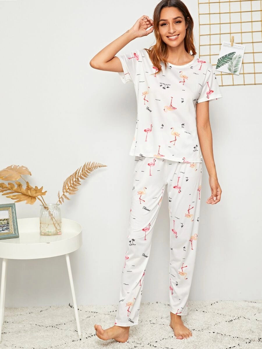 Flamingo Print PJ Set With Eye Cover