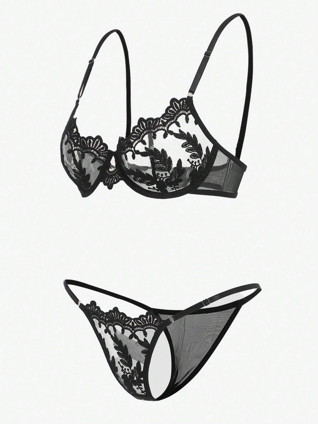 Pure Desire Floral Embroidery Mesh Underwire Lingerie Set