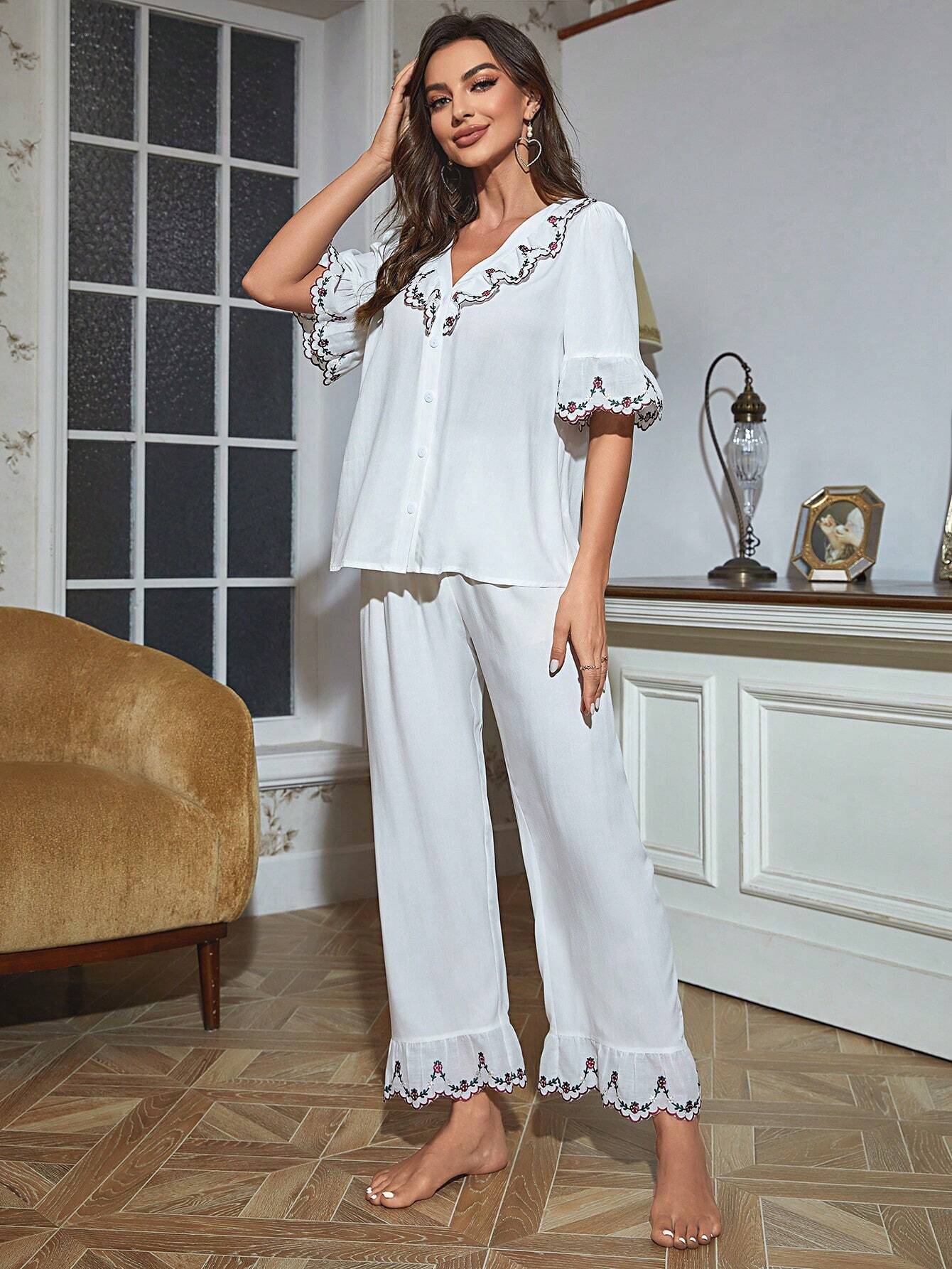 Shein PalaceNights Contrast Floral Embroidery Button Front PJ Set / Pajama Set