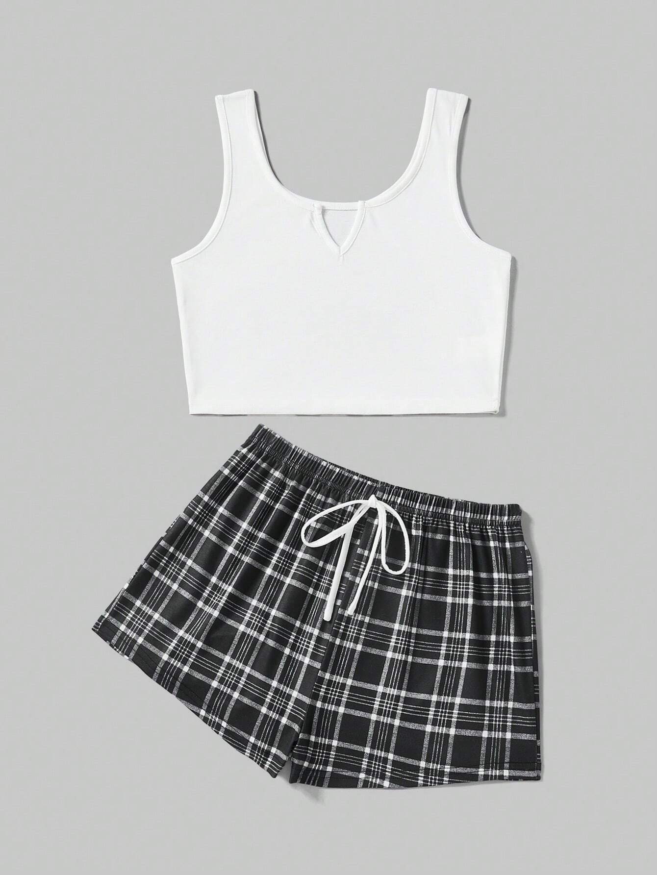 ROMWE Solid Color Sleeveless Top &amp; Plaid Shorts Casual Pajama Set Black & White
