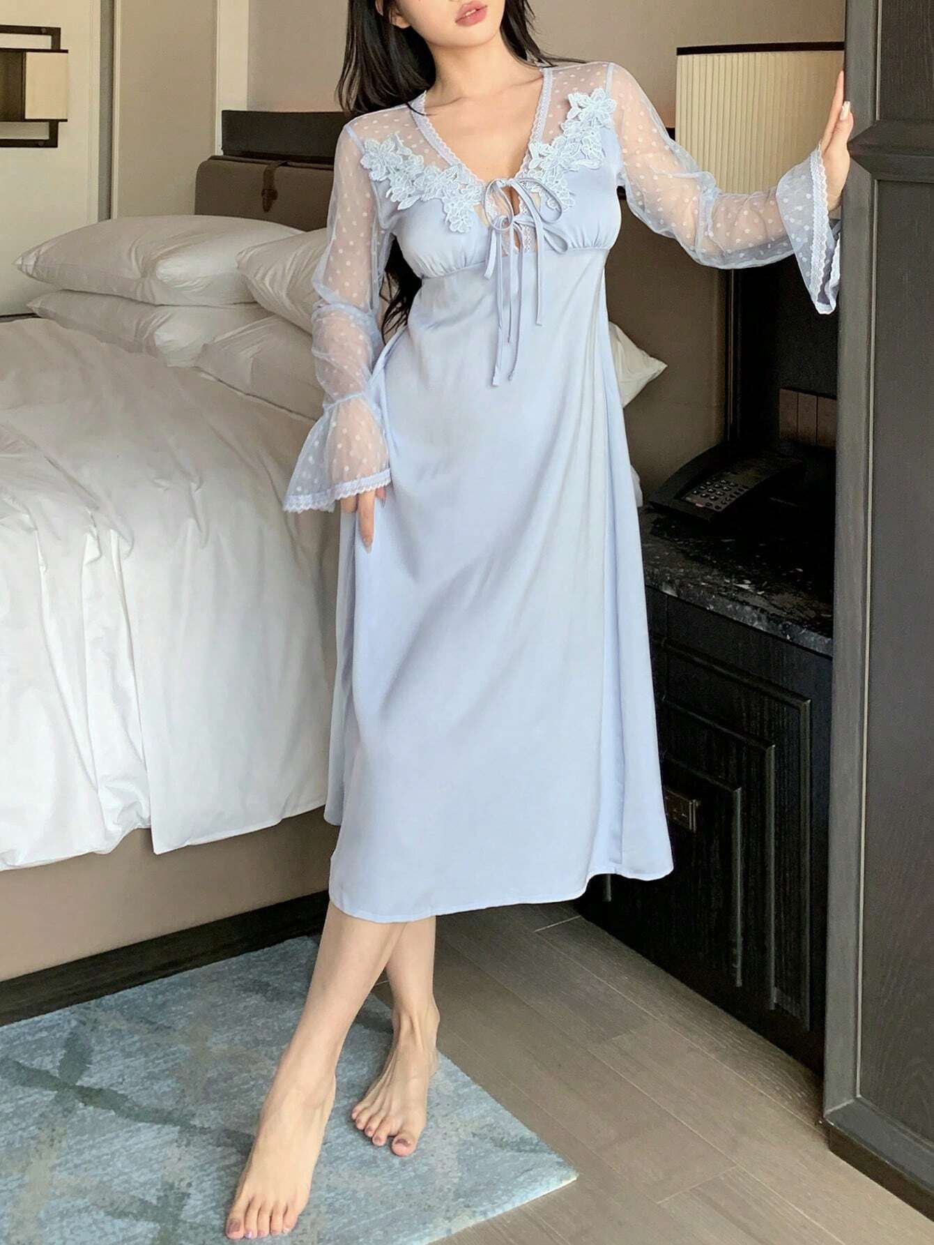 DAZY Satin Contrast Lace Semi-Sheer Ruffle Sleeve Waist Cinched Nightgown