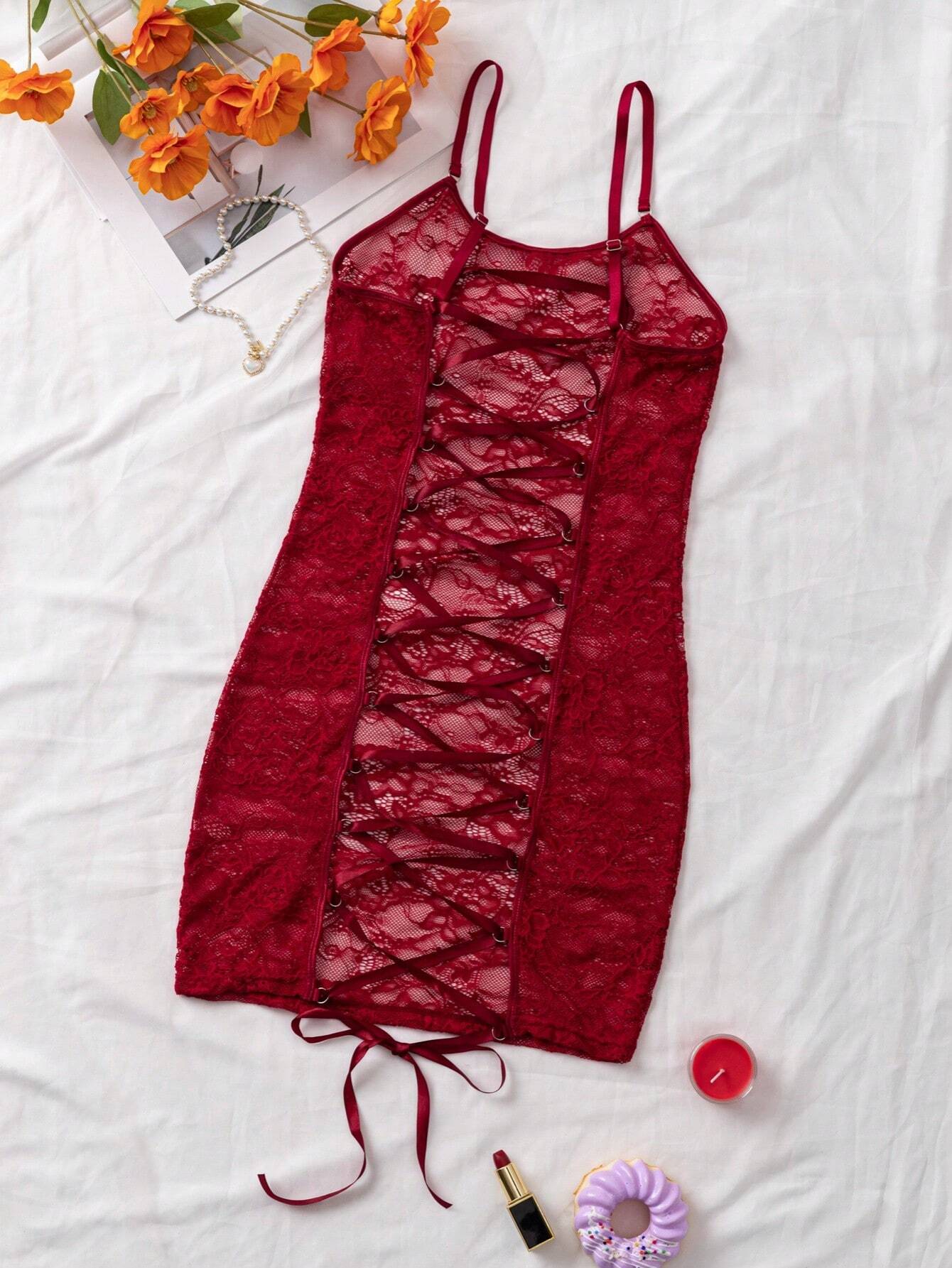 Nina Bonheur 1pc Women's Sexy Lace Backless Cross Strap Bodysuit Dress (Excluding Panties)