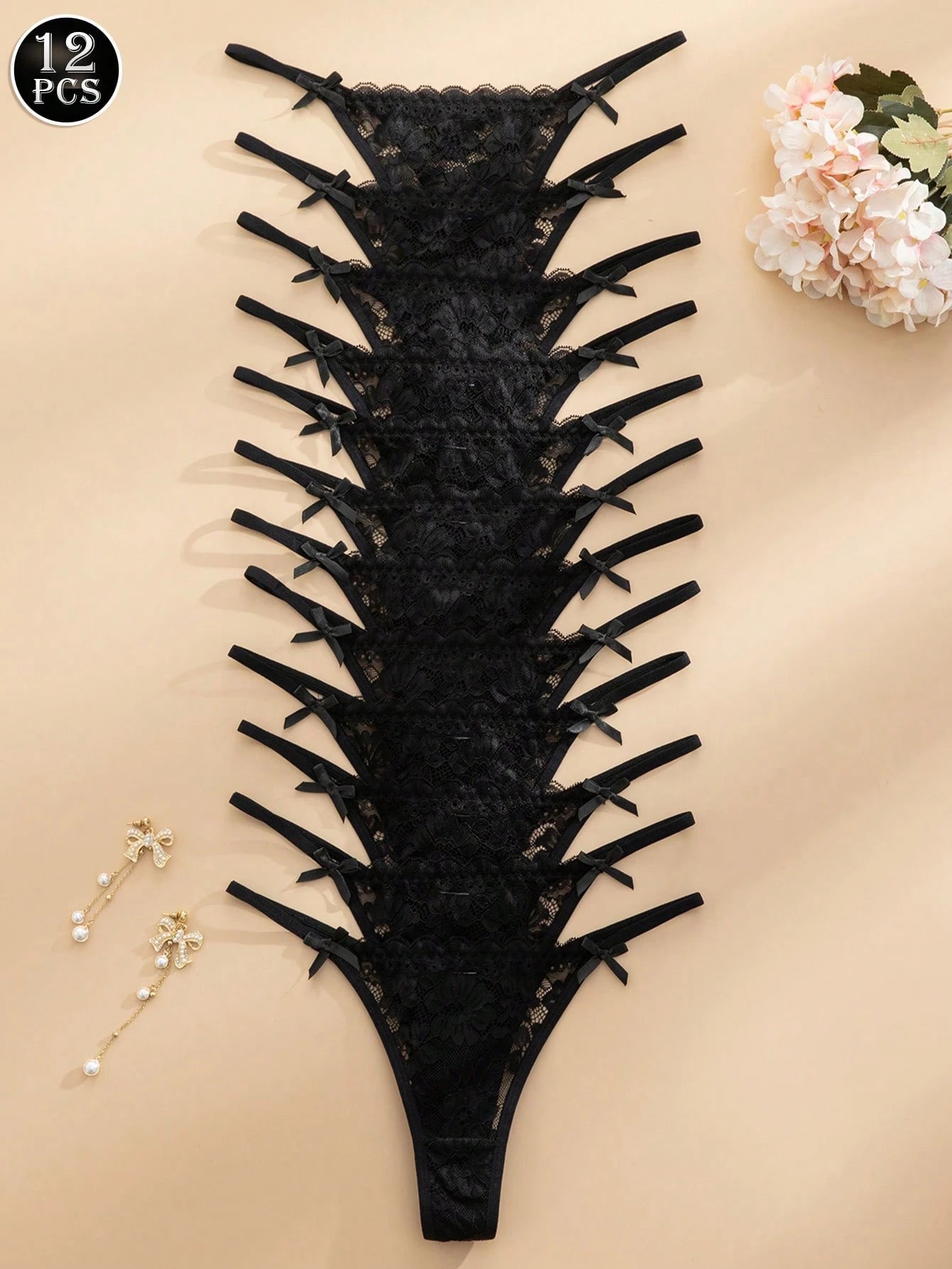 12pcs/Set Romantic Sexy Lace Women's Thong Panties Black
