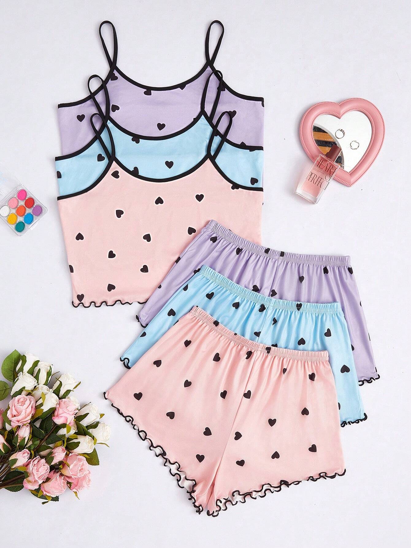 3pcs Women's Heart Printed Camisole &amp; Shorts Pajama Set