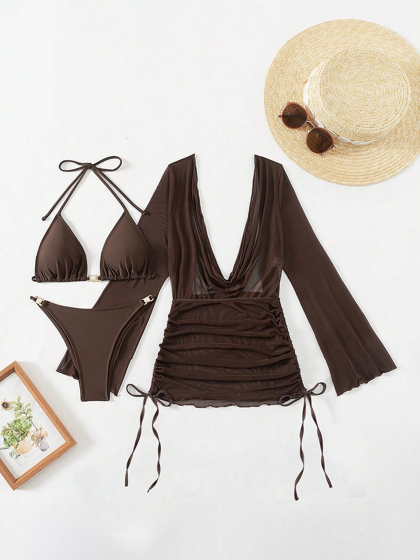 Swim Ladies' Vacation Solid Color Halter Strap Sexy Bikini Set With Cover-Up Dress