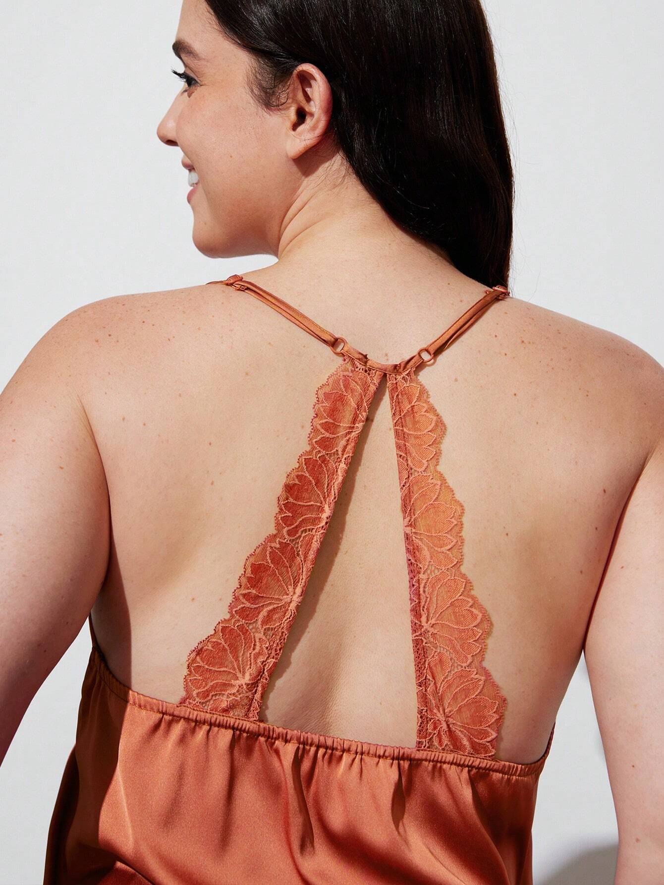 LUVLETTE Satin With Backless Lace Retro Cami And Panty Pajama Set