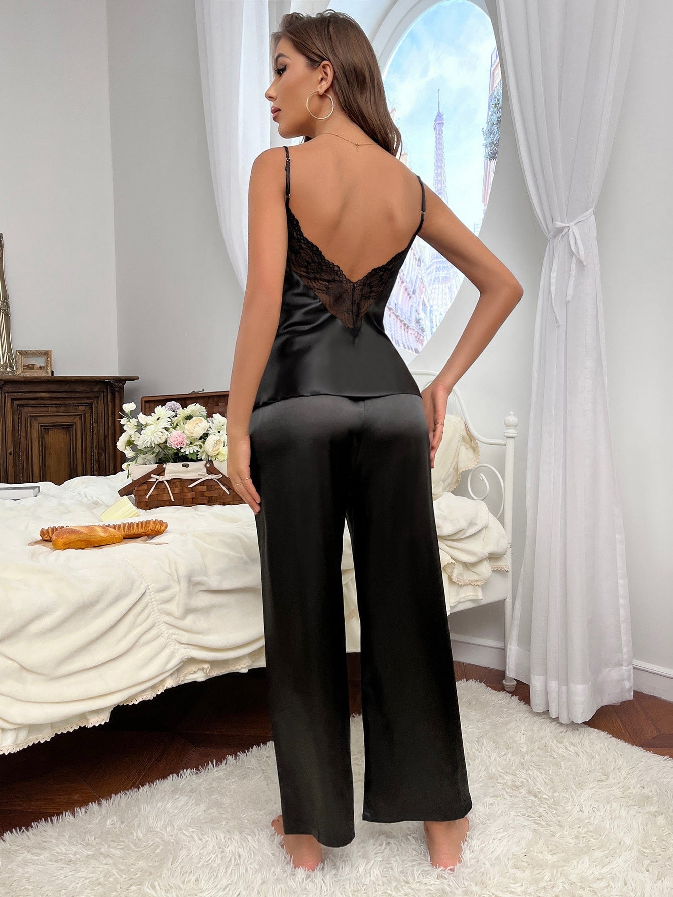 Contrast Lace Backless Satin PJ Set