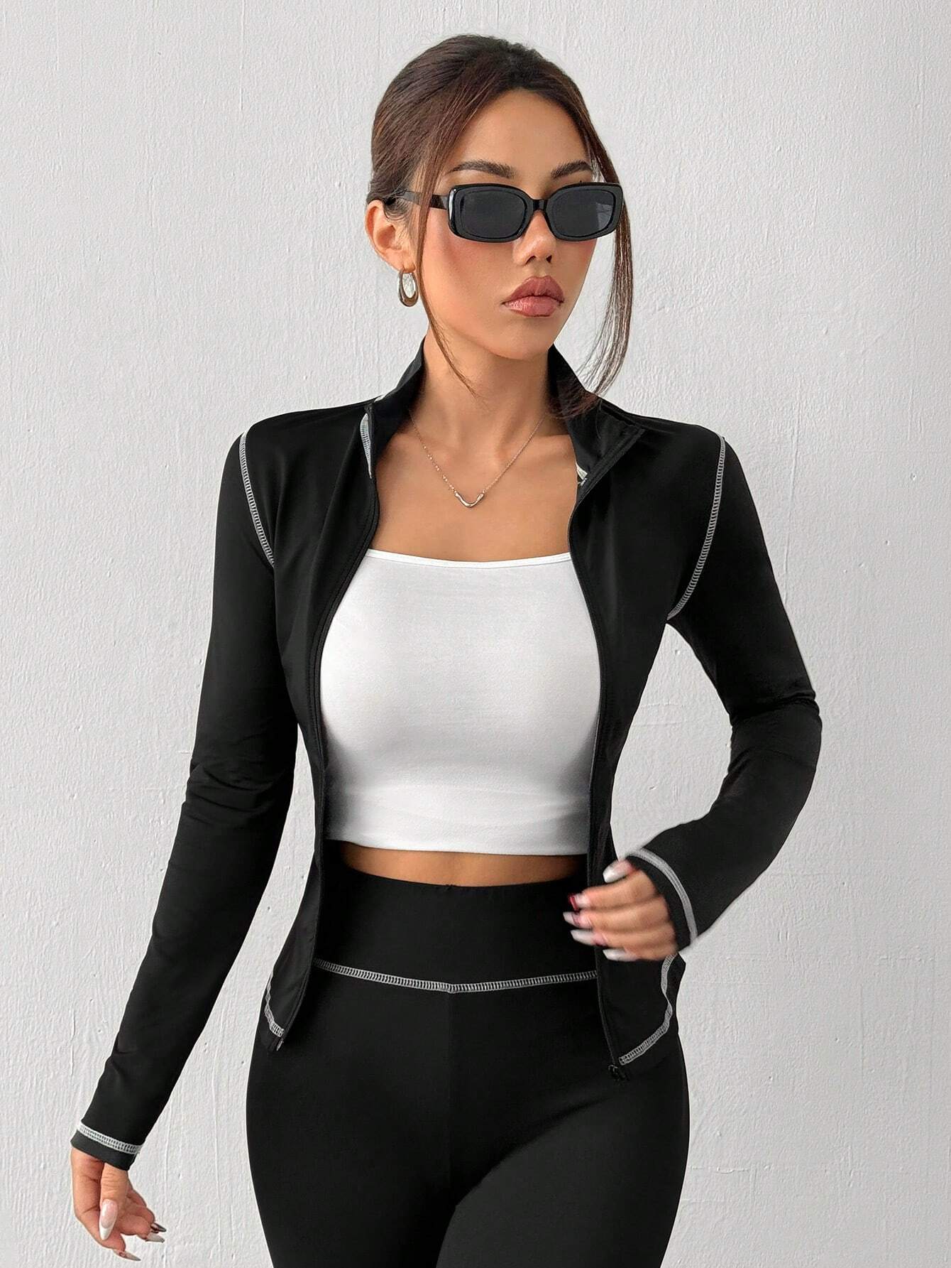 Women's Yoga Sports Contrast Stitch Stand Collar Slim Fit Jacket And Leggings