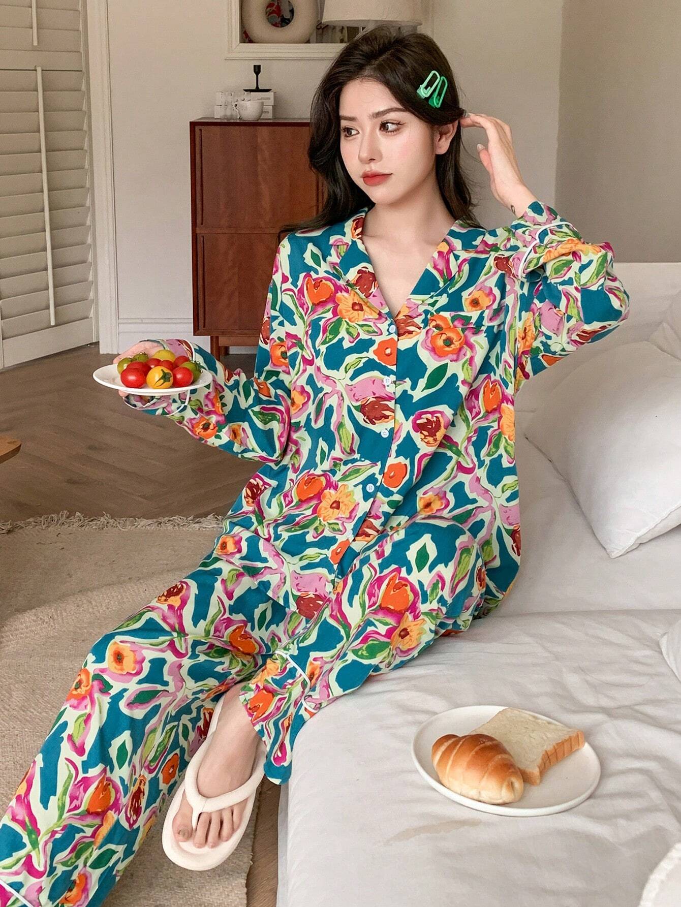 DAZY Women's Floral Printed Long Sleeve Pajamas Set With Long Pants