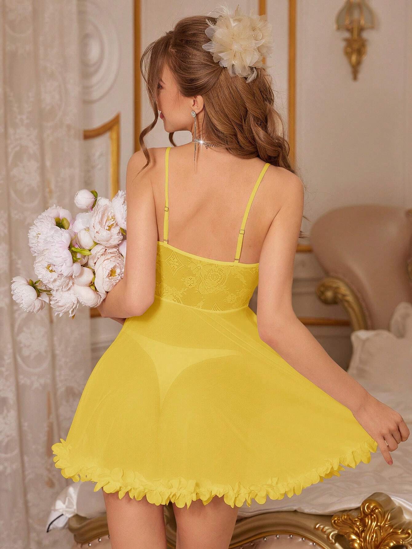 3D Flower Design Lace See-Through Cami Sleep Dress Pajama Dress