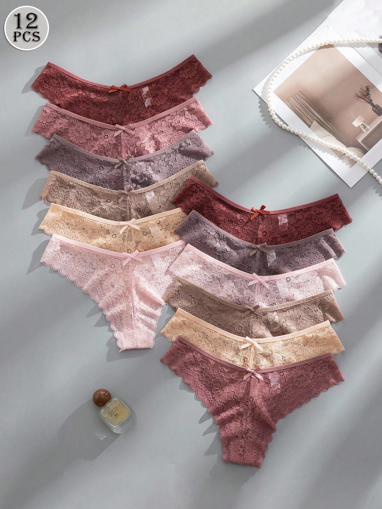 12pcs/Pack Women's Elegant & Comfortable Lace Trim Bikini Underwear