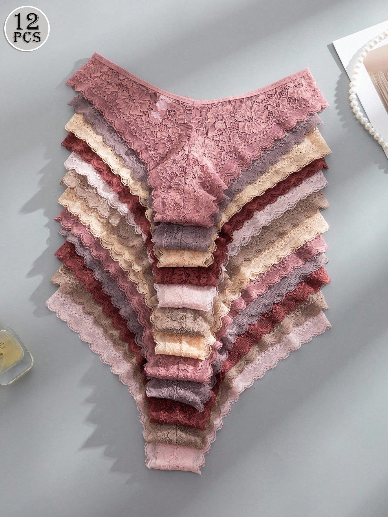 12pcs/Pack Women's Elegant & Comfortable Lace Trim Bikini Underwear