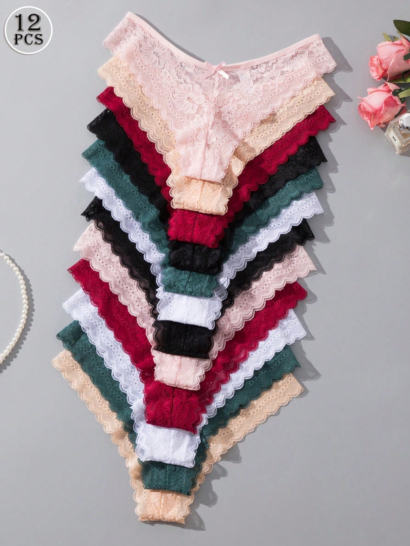 12pcs/Pack Women's Elegant & Comfortable Lace Trim Bikini Underwear