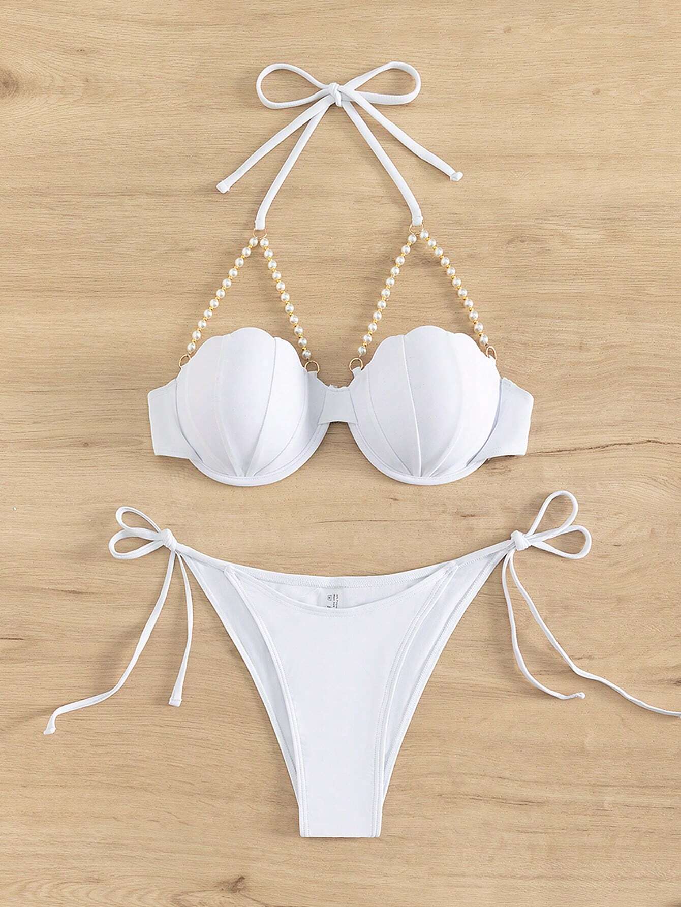 Pearl Decor Scallop Trim Push Up Bikini Swimsuit