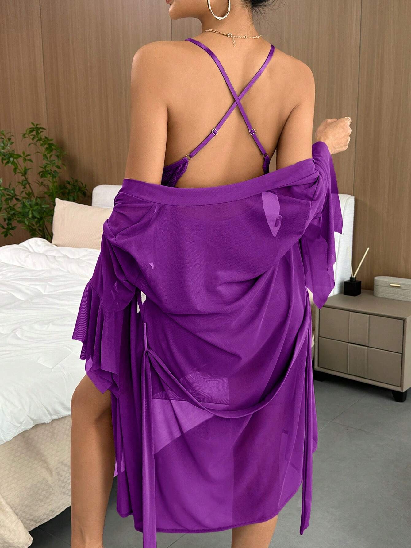 Solid Color Lace Patchwork Mesh Pajama Set