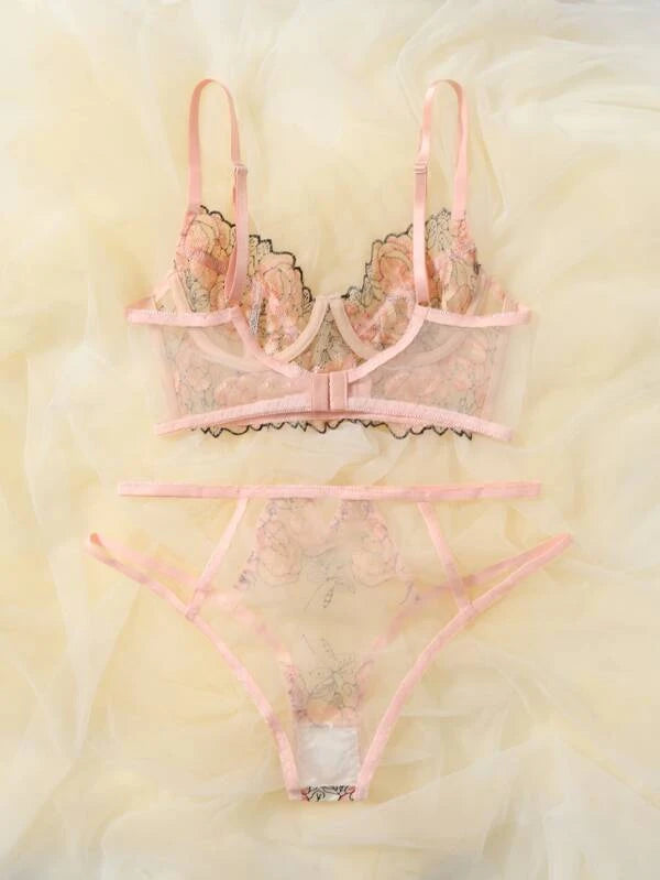 Floral Embroidery Mesh Cut Out Lingerie Set