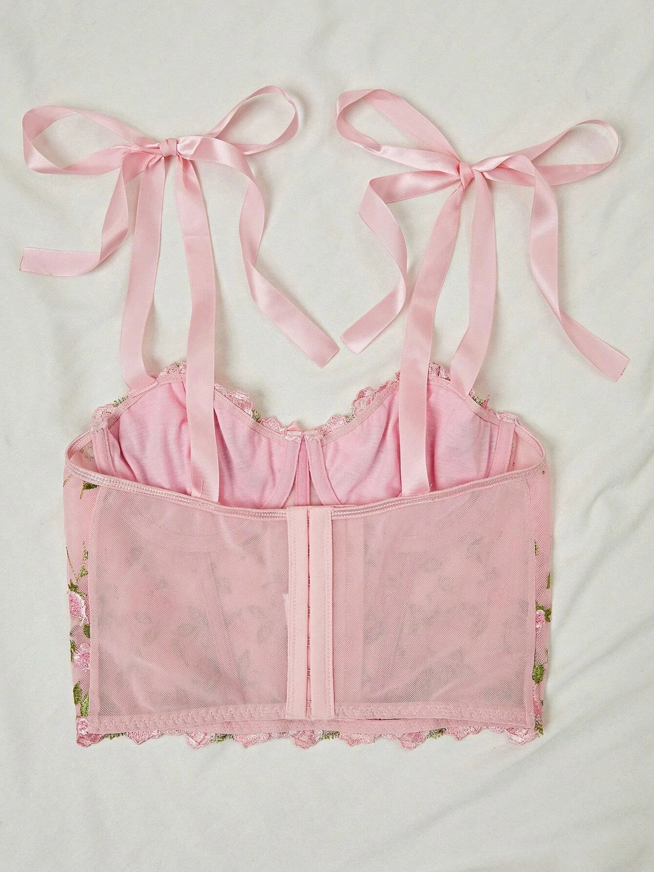 Floral Embroidery Mesh Overlay Tie Shoulder Cami Top Lingerie