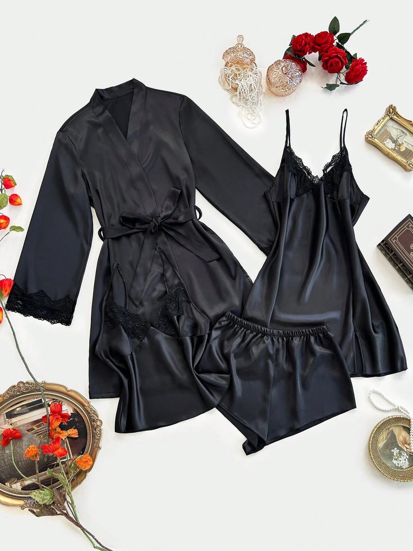 4pcs Set: Embroidered V-Neck Faux Silk Slip Dress Black