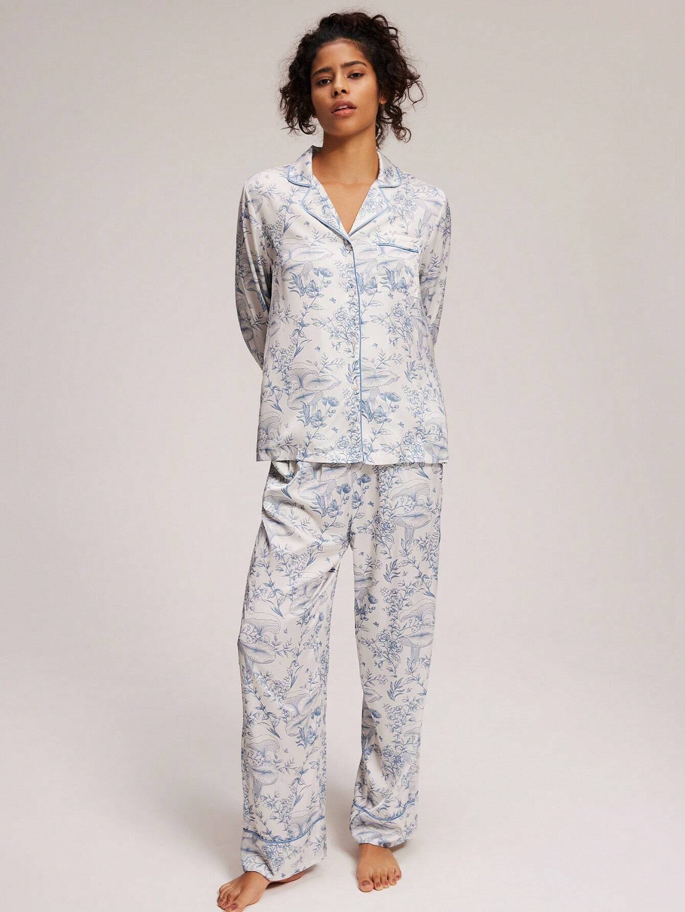 LUVLETTE Floral Pattern Satin Long Pajama Sets