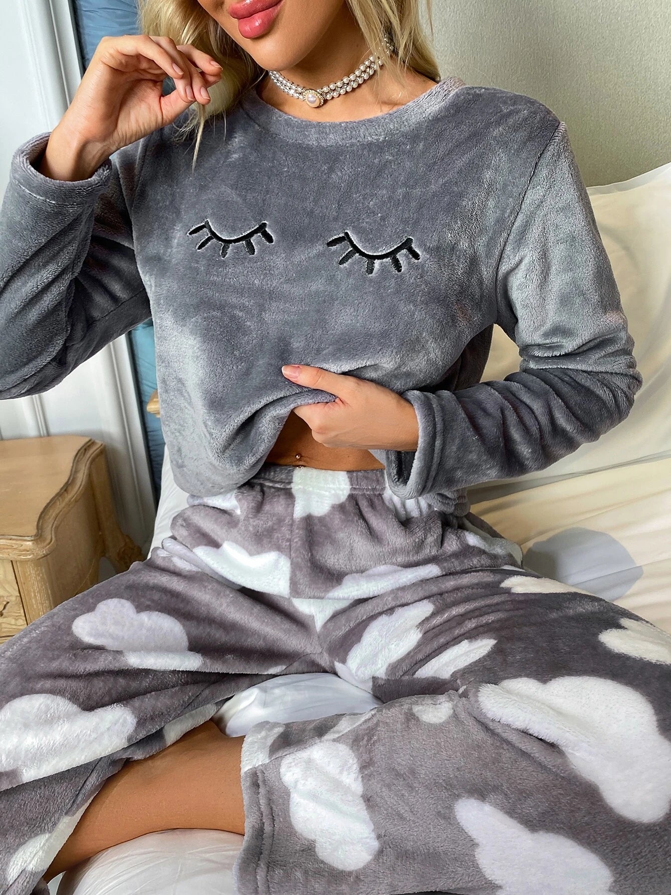 Eyelash Embroidery Flannel Long Sleeve Pajama Set
