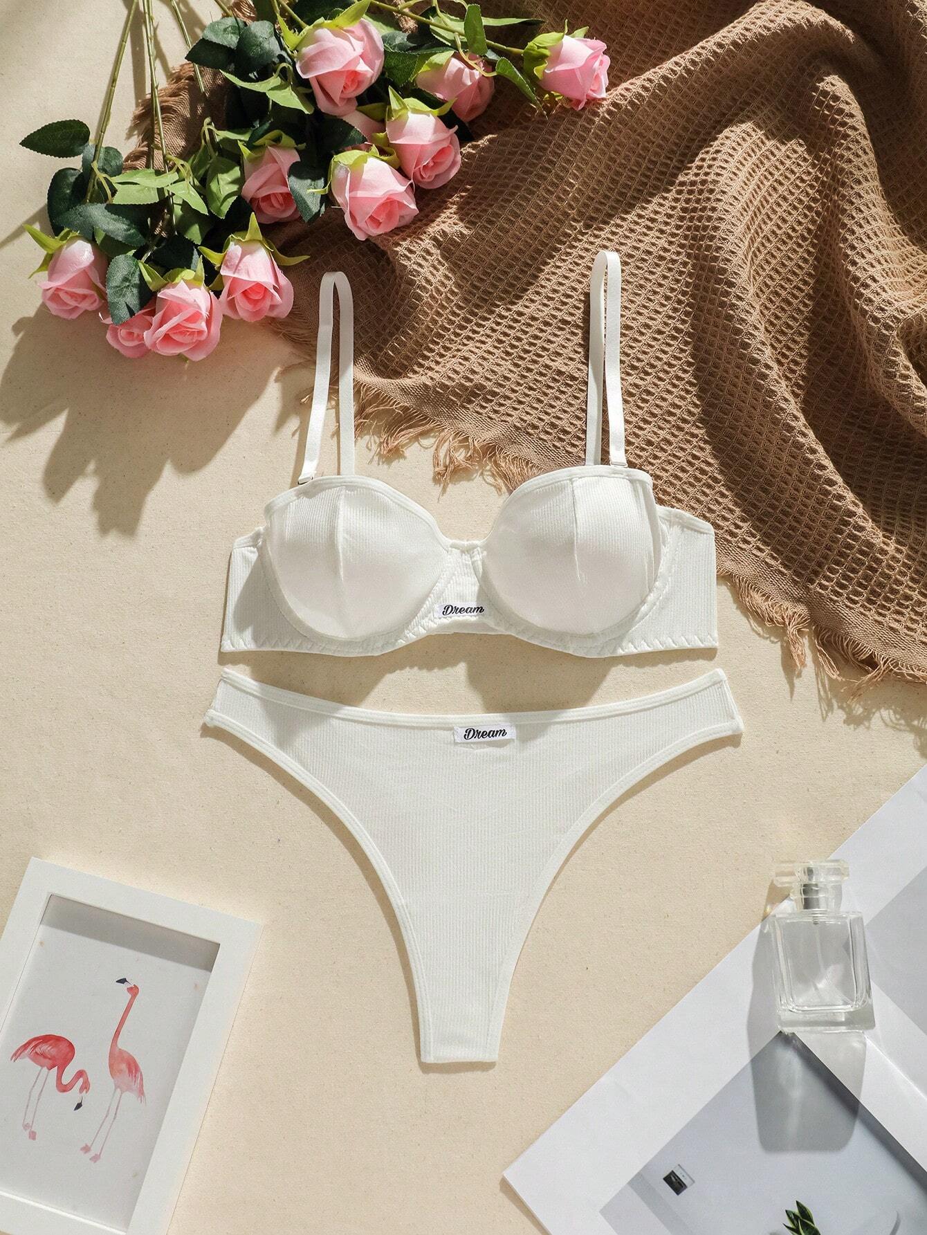 Letter Patched Underwire Bra &amp; Panty Lingerie Set