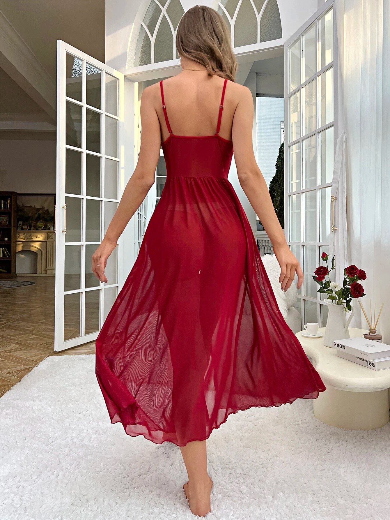 Contrast Lace Bow Front Cami Pajama Nightdress Long Dress