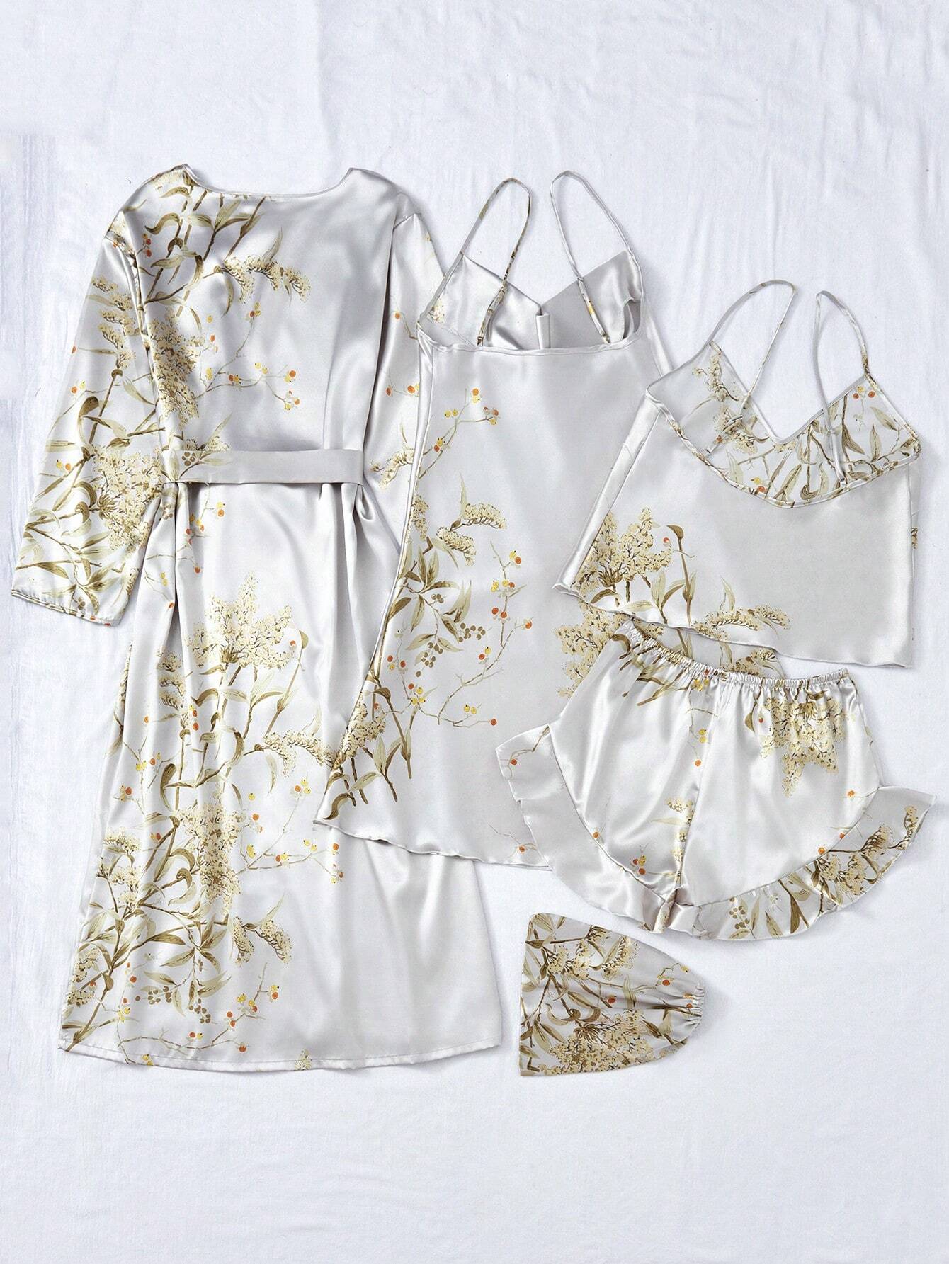 LuxeNights 5pcs/Set Silk-Like Flower Print Camisole Top &amp; Shorts &amp; Dress &amp; Robe &amp; Storage Bag