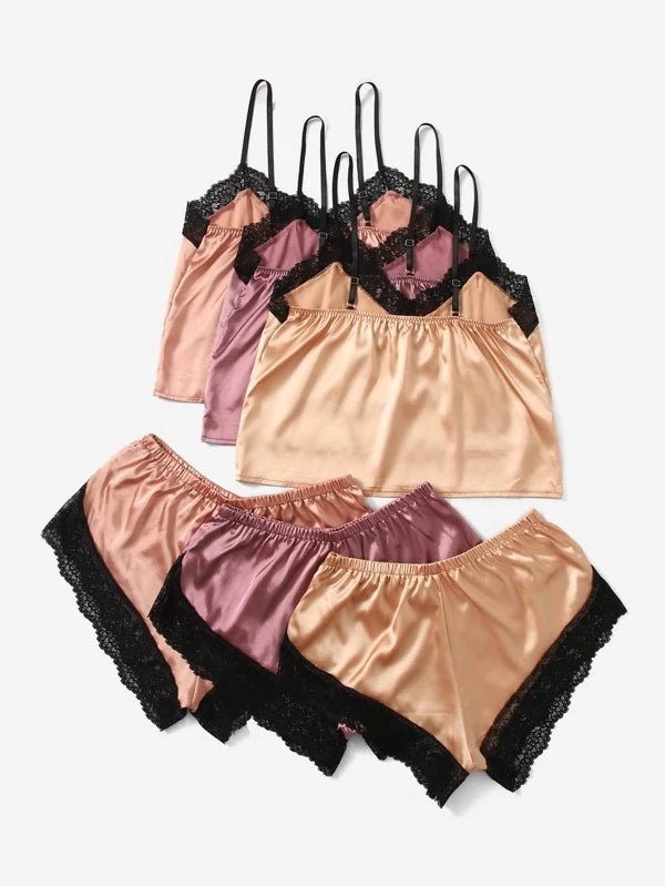 3sets Satin Contrast Lace Lingerie Set
