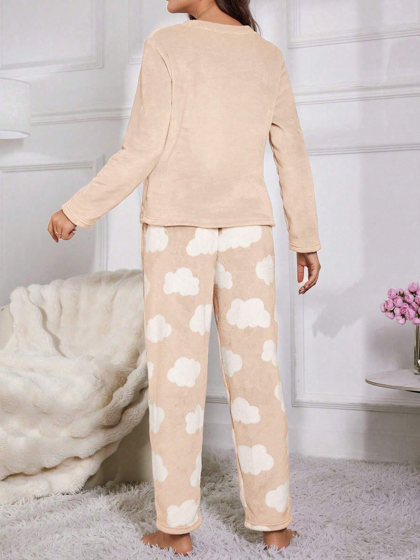Eyelash Embroidery Flannel Long Sleeve Pajama Set
