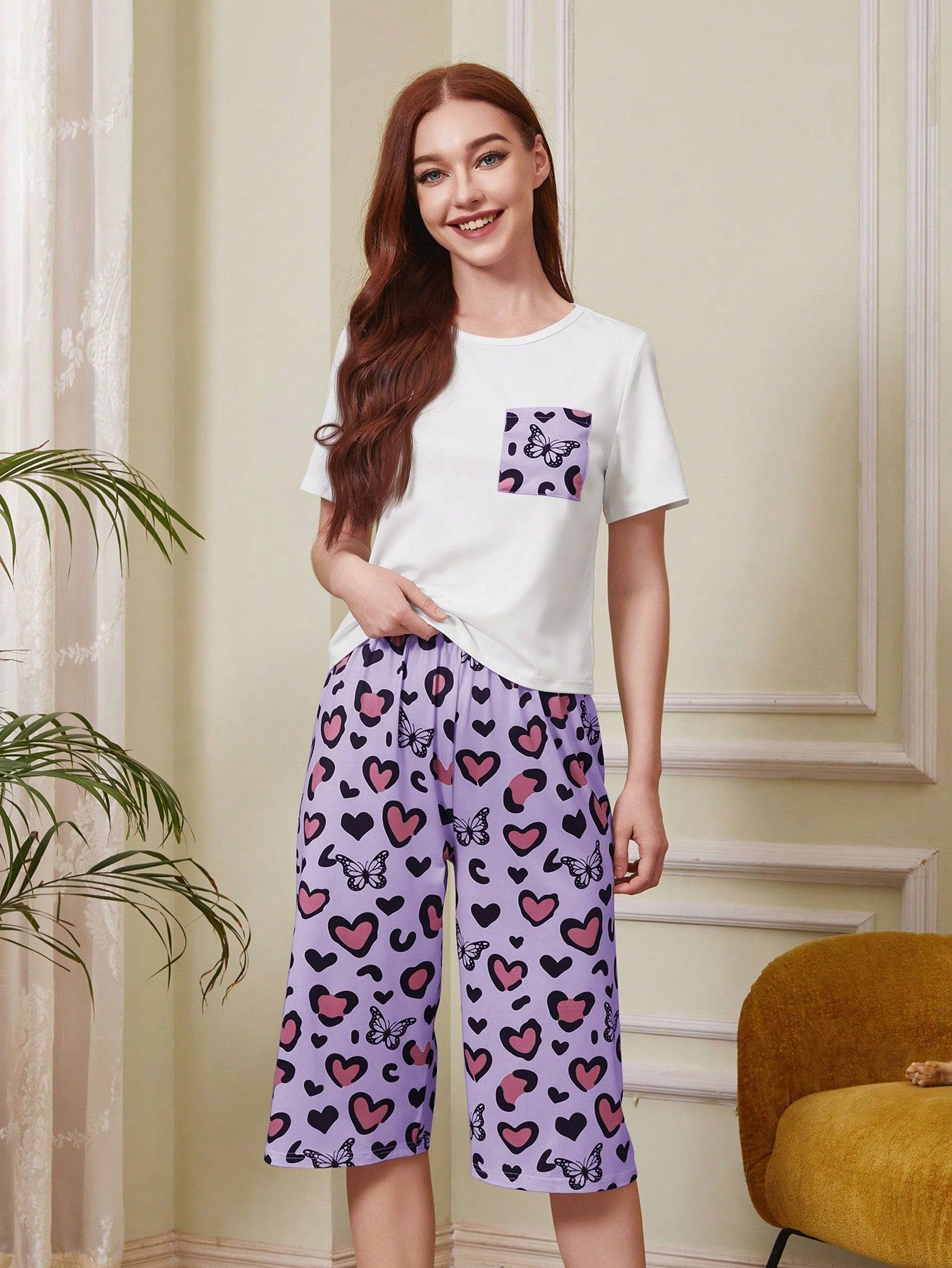 Heart &amp; Butterfly Graphic Pocket Patched Tee &amp; Shorts PJ Set