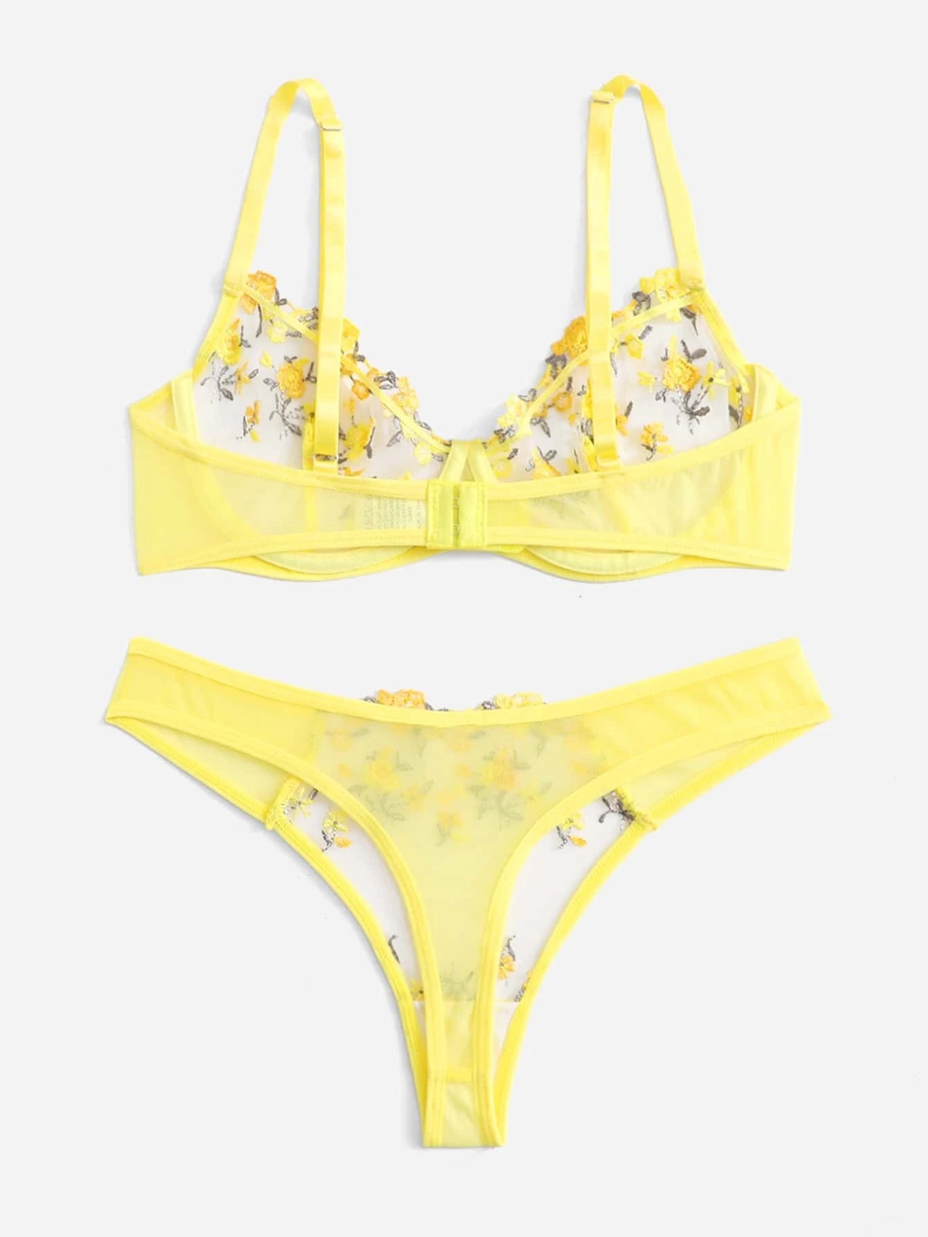Floral Embroidery Mesh Underwire Bra & Panty Lingerie Set