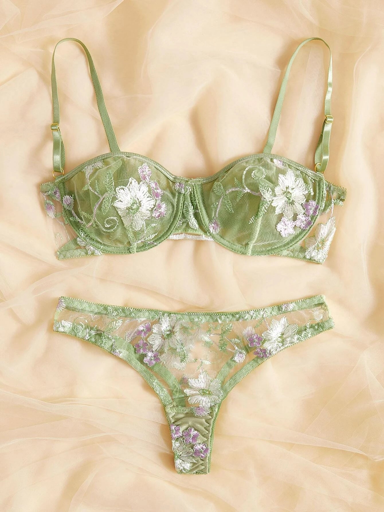 Embroidery Mesh Underwire Bra & Panty Lingerie Set