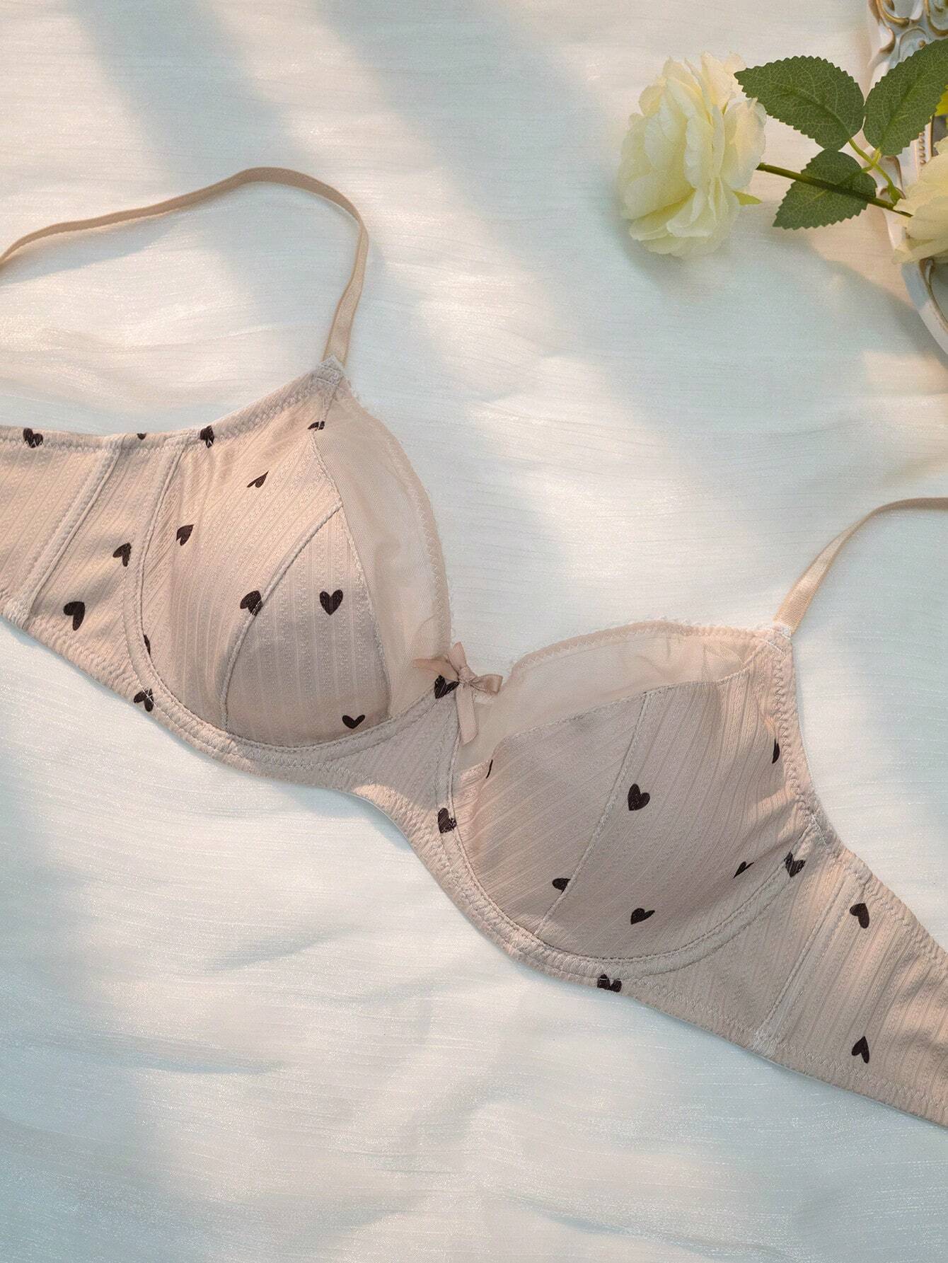 Women Heart-Shaped Print Color Block Bra Apricot