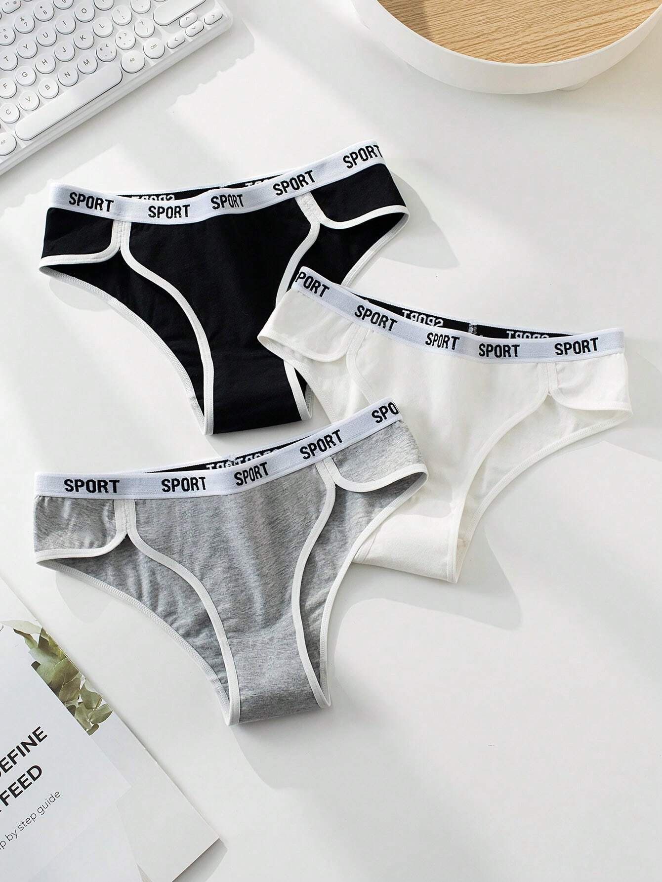 EasyFave 3pcs Letter Tape Waist Contrast Binding Brief