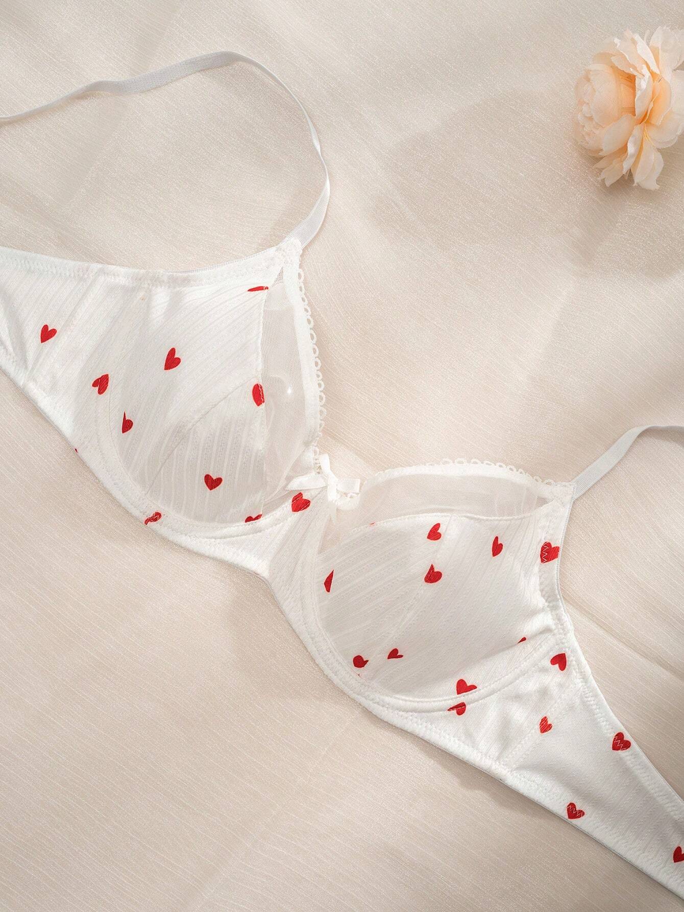 Women Heart-Shaped Print Color Block Bra White