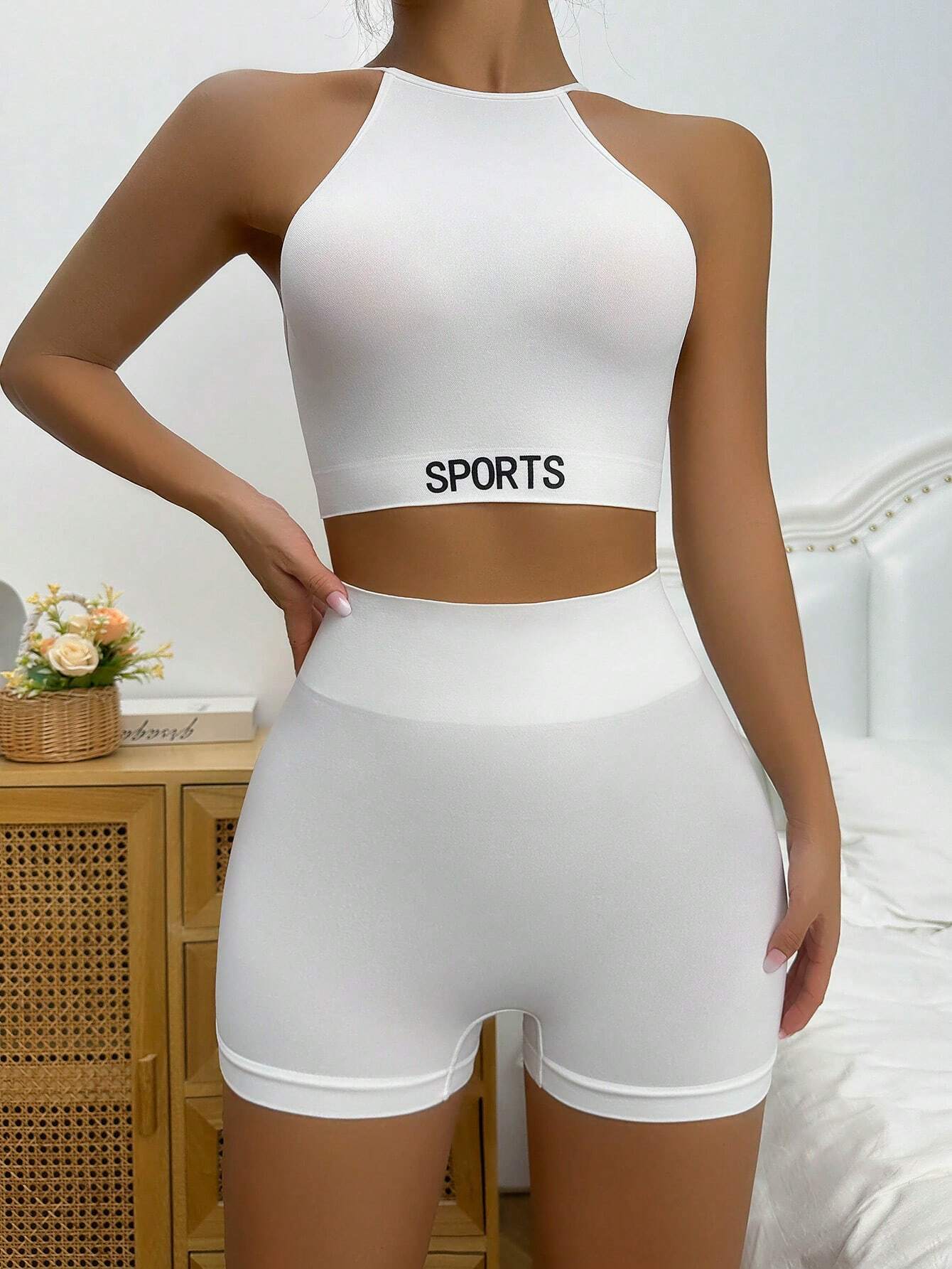 Yoga Letter Tape Wireless Bra & Boyshorts Lingerie Set Sports