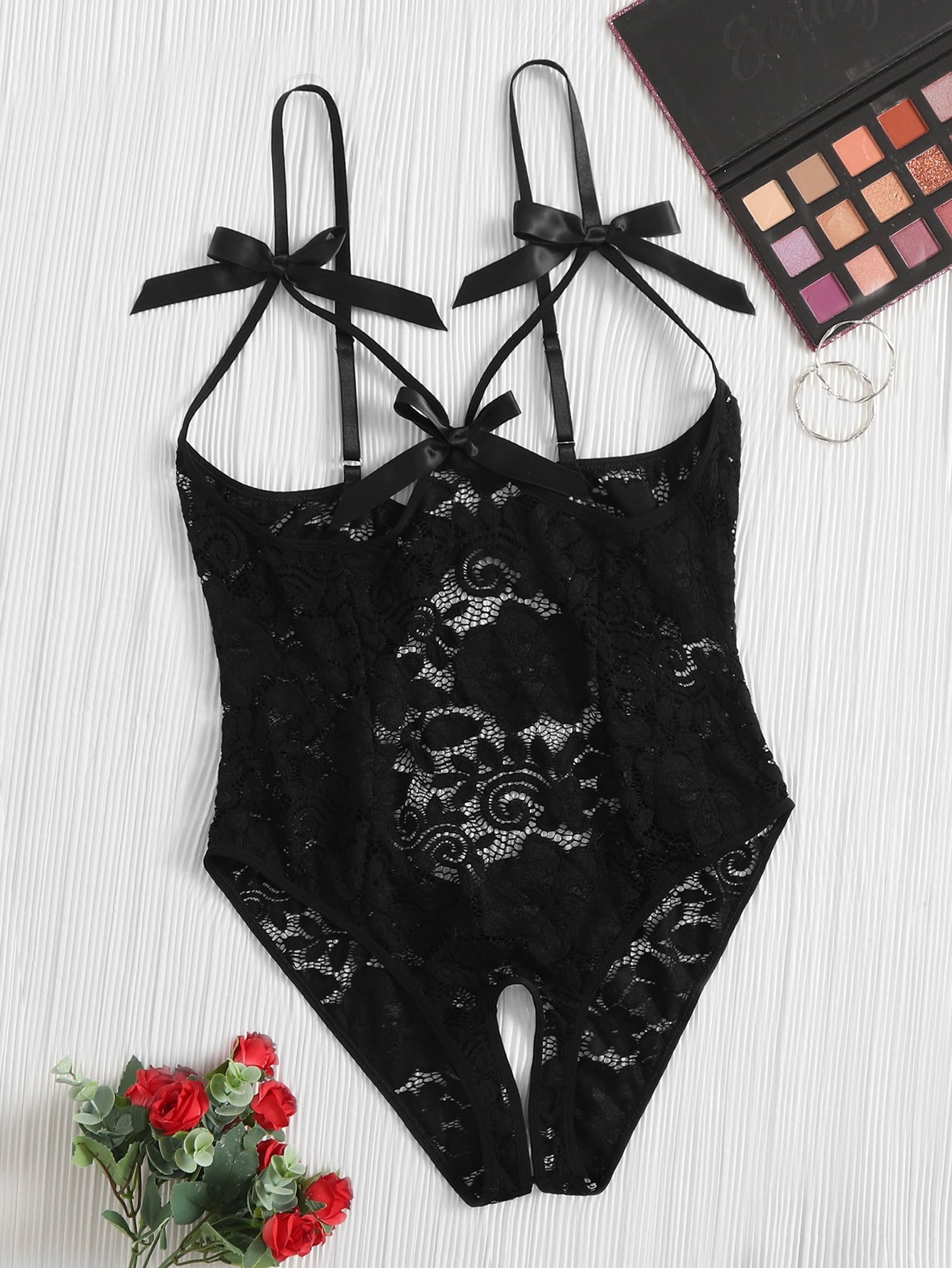 Plus Lace Bow Front Crotchless Teddy Bodysuit