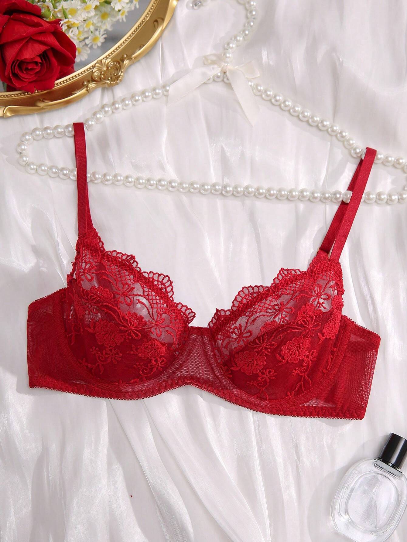 Floral Lace Underwire Bra Burgundy
