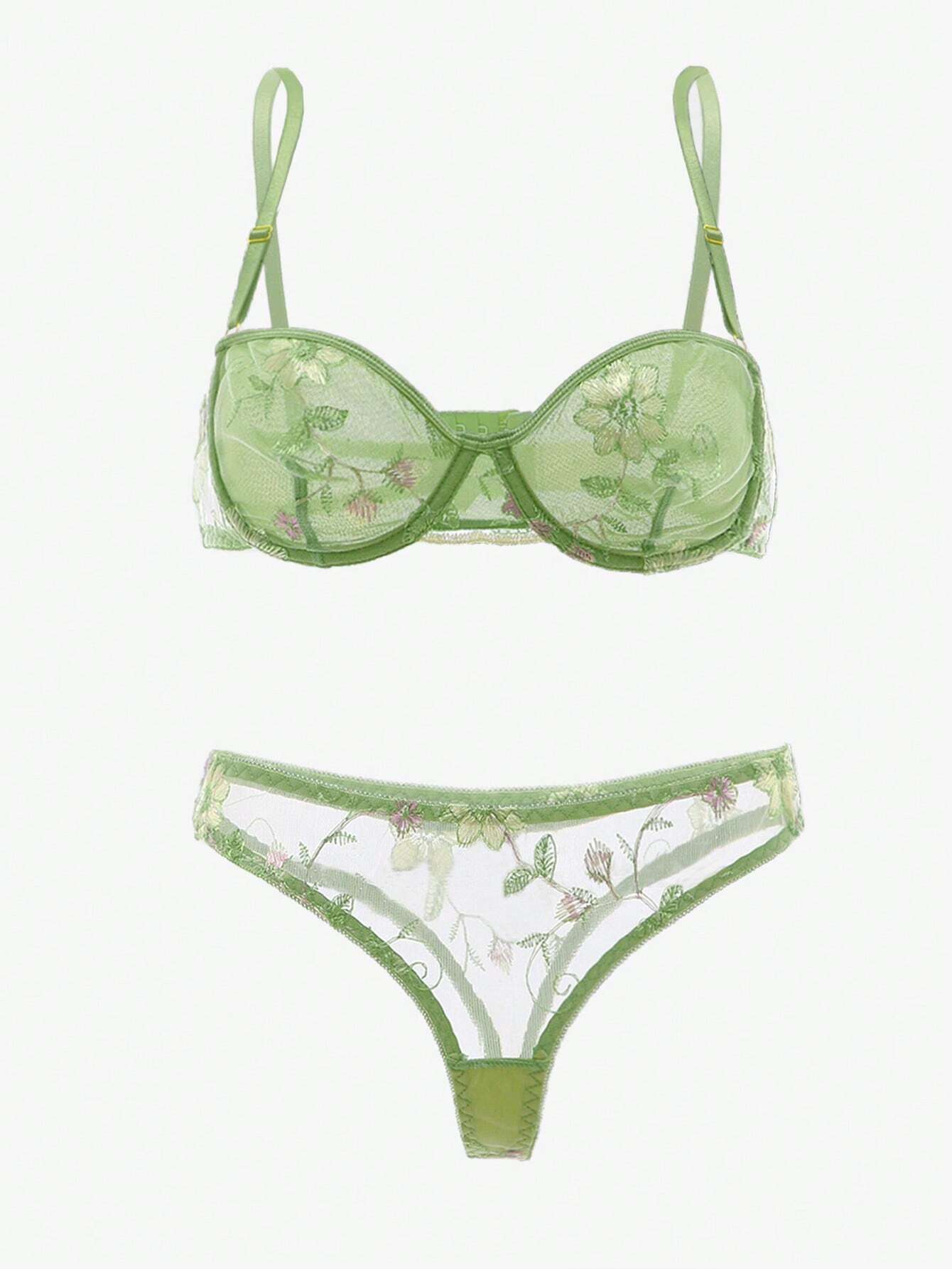 Embroidery Mesh Underwire Bra & Panty Lingerie Set