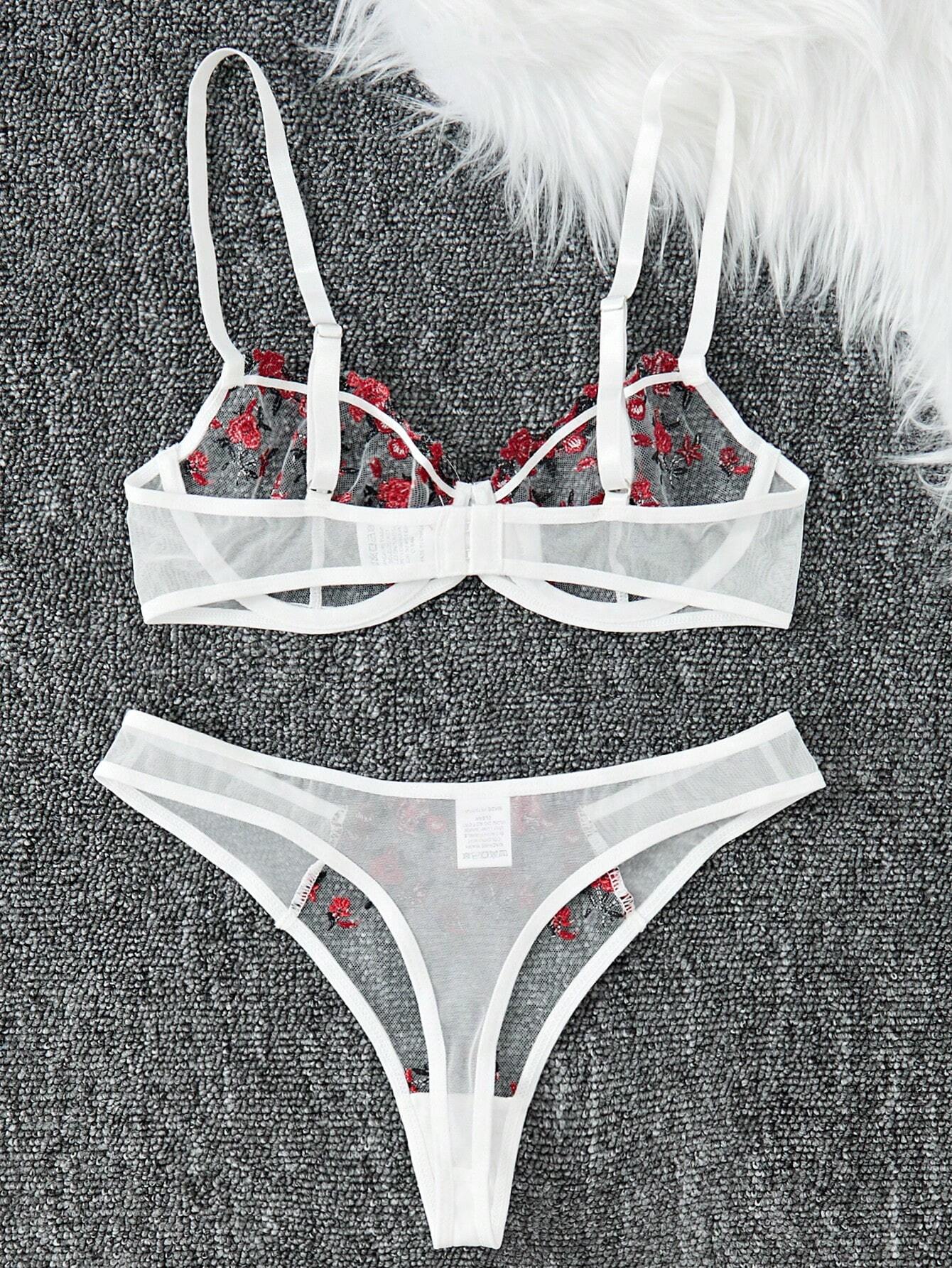 Floral Embroidery Mesh Underwire Bra & Panty Lingerie Set