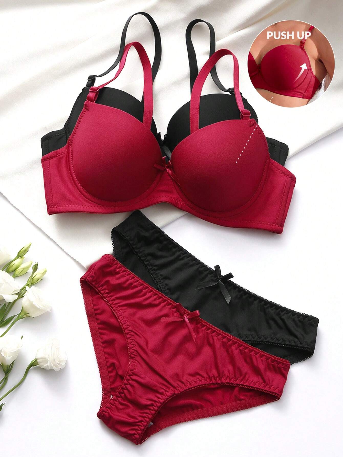 Underwear&Sleepwear Basics 2sets Solid Underwire Bra & Panty Lingerie Set Multicolor