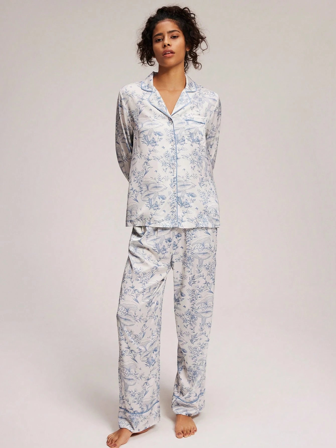 Sleeve Basic Button-Up Top & Pants