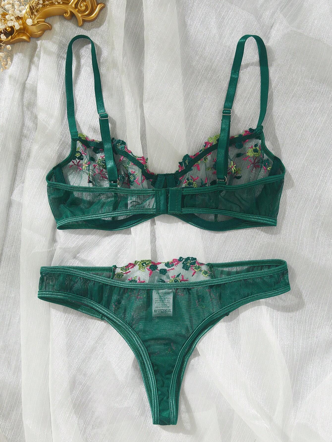 Floral Embroidery Mesh Underwire Bra & Panty Lingerie Set