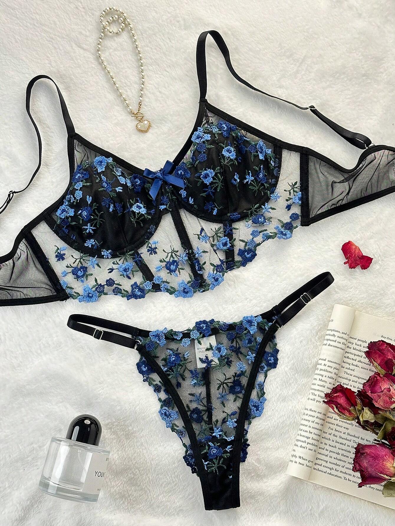 Ladies' Flowers Embroidery Mesh Bra & Panty Lingerie Set Multicolor