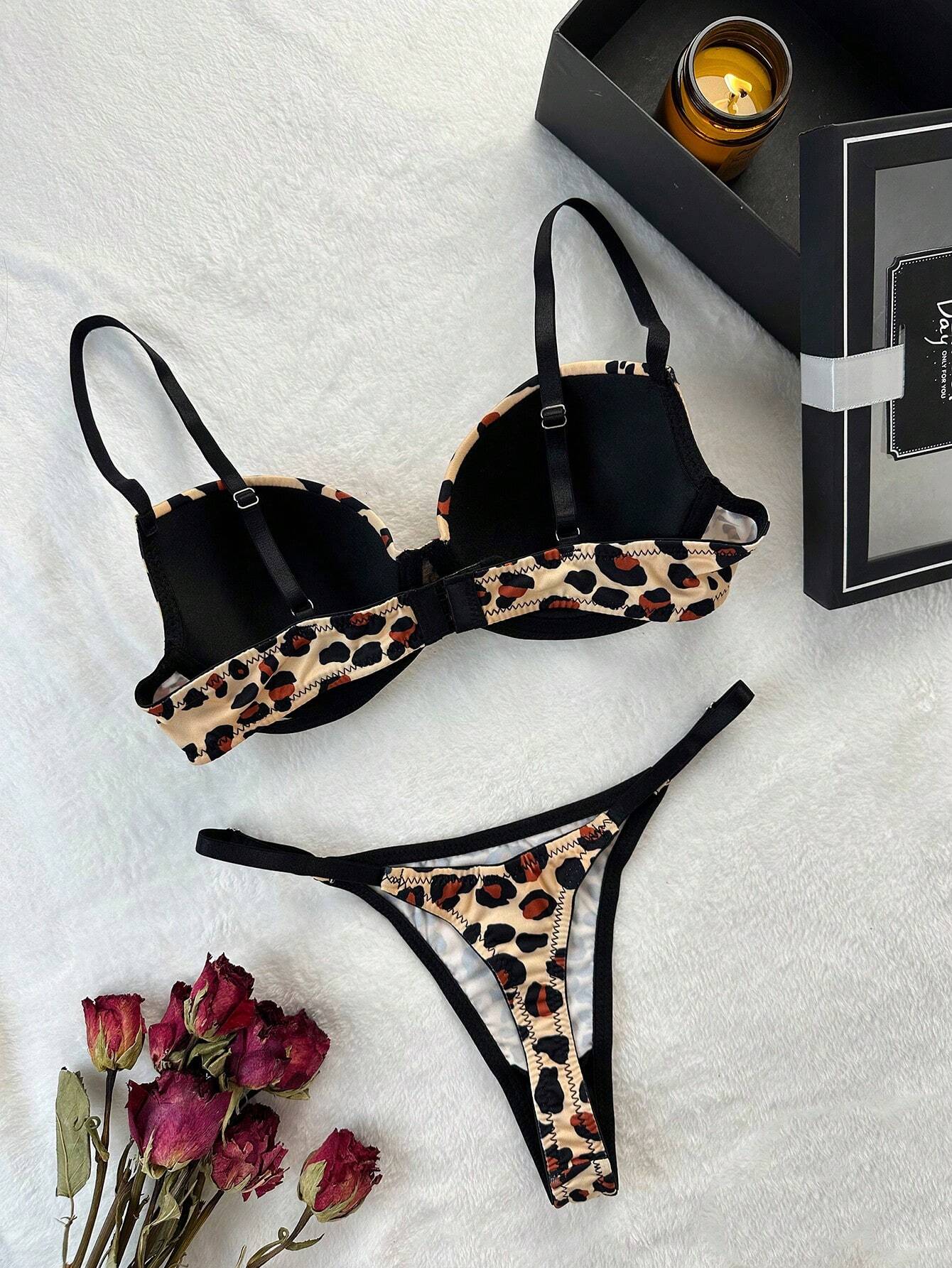Eraneu 2pcs Women's Fashionable Cow Print Lingerie Set