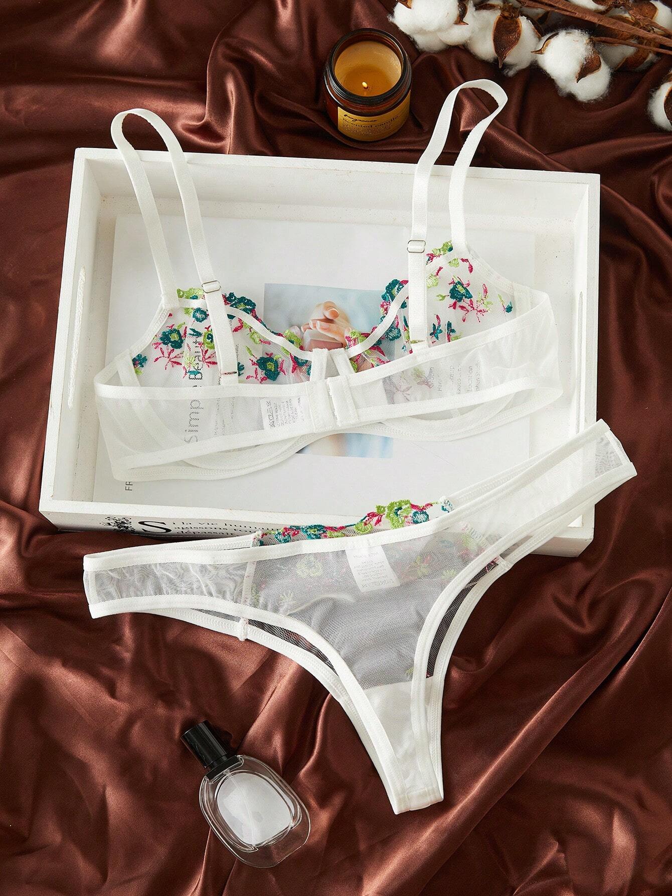 Floral Embroidery Mesh Underwire Bra & Panty Lingerie Set