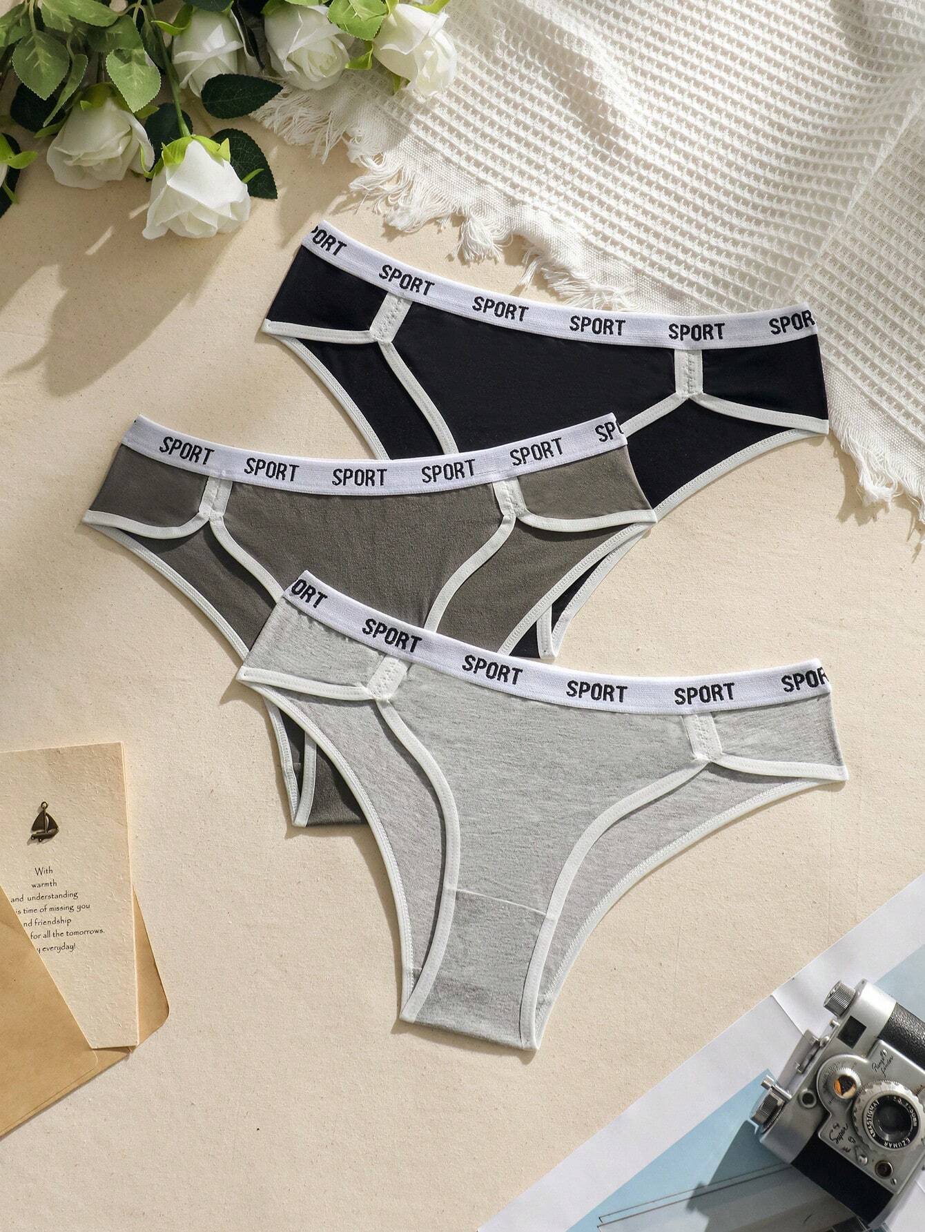 EasyFave 3pcs Letter Tape Waist Contrast Binding Brief