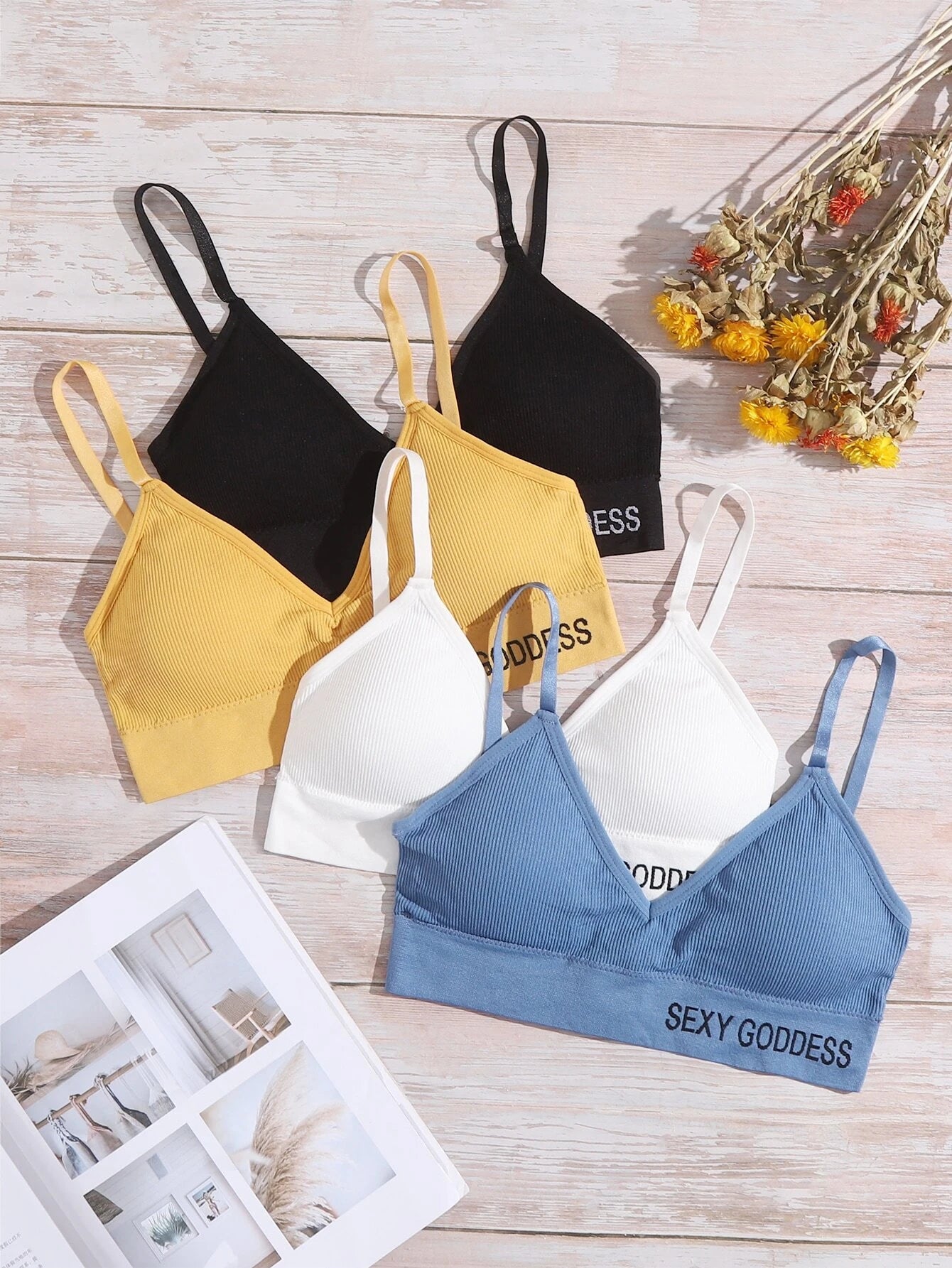 Eraneu 4pack Letter Graphic Rib Bra Set